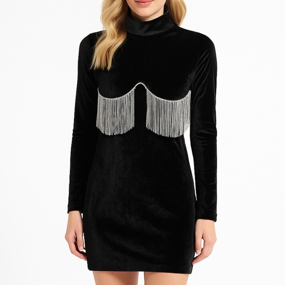 Thilikó Dresses & Skirts - Thiliko Black Velvet Rhinestone Fringe Mock Neck‎ Mini Dress Small Long Sleeve